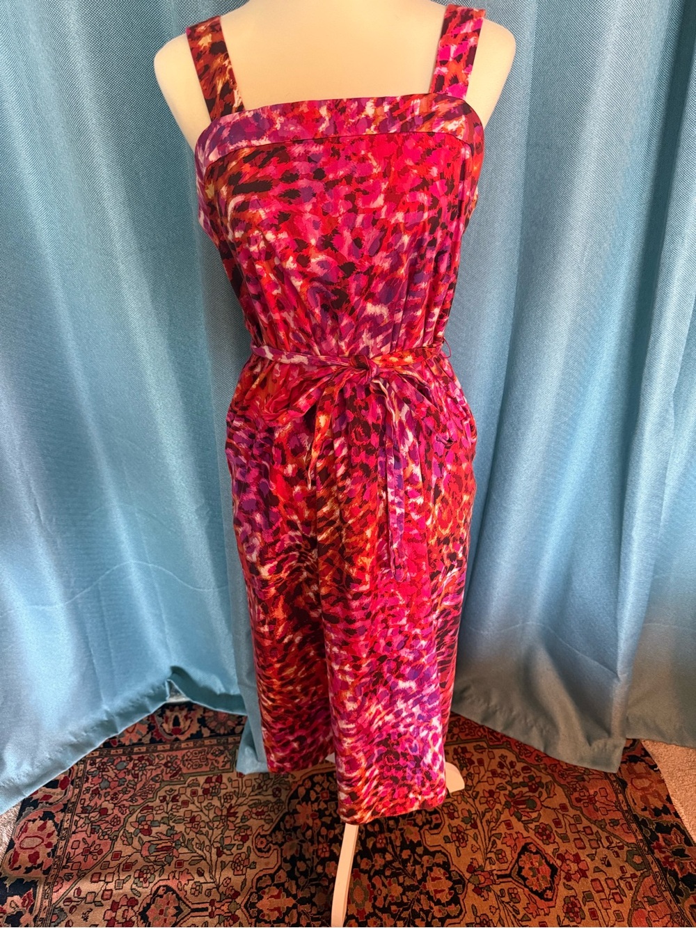 Natori Pink and Purple Printed Cotton Twill Midi Dress with Tie Waist